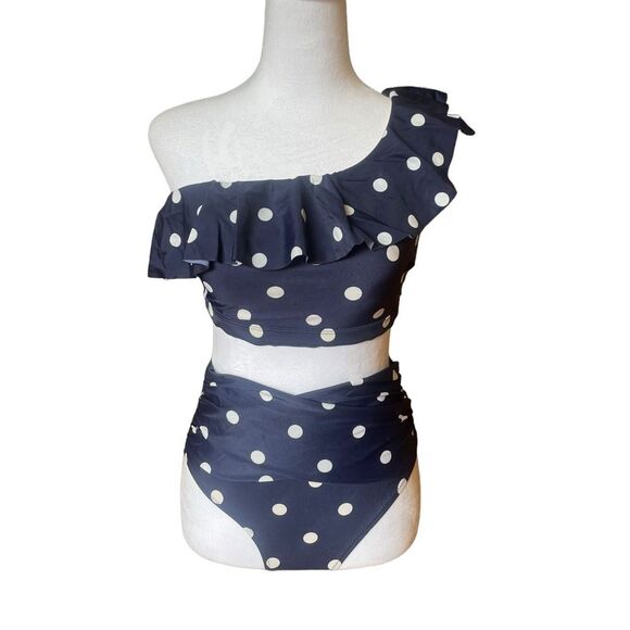 Old Navy One Shoulder High Waist Bikini Navy Blue White Polka Dots Size Small - Picture 1 of 7
